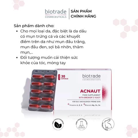 Viên uống Biotrade Acnaut Food Supplement 30 Viên giảm mụn trứng da làm đẹp da