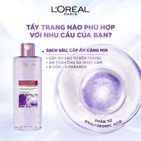 Nước Tẩy Trang Loreal Revitalift Hyaluronic Acid Micellar Water Căng Mịn Da 95ml