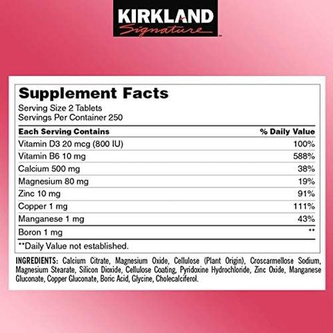 Viên Uống Kirkland Signature Calcium Citrate Magnesium Kẽm 500mg - Bổ Sung Kết Hợp Tăng Cường Xương Khớp và Sức Khỏe Hệ Miễn Dịch