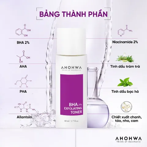 Dung dịch BHA 2% EXFOLIATING TONER AHOHWA 80ml Tẩy Tế Bào Chết Làm sạch Sâu Lỗ Chân Lông