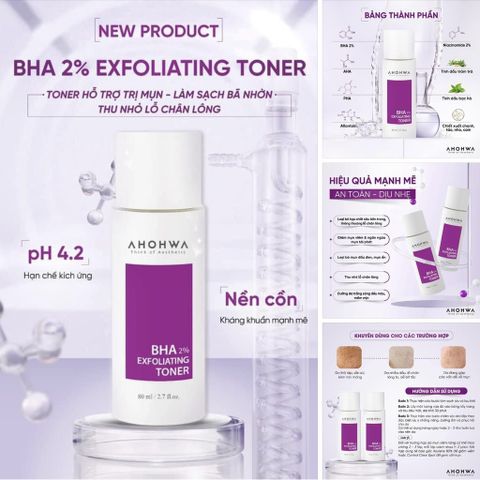 Dung dịch BHA 2% EXFOLIATING TONER AHOHWA 80ml Tẩy Tế Bào Chết Làm sạch Sâu Lỗ Chân Lông