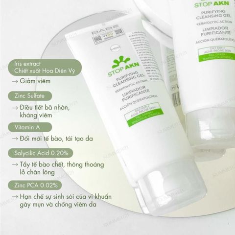 Sữa rửa mặt BABE STOP AKN PURIFYING CLEANSING GEL 100ml/200ml [ Hàng Công Ty ]