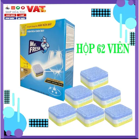 Viên Rửa Chén Bát Mr.Fresh Có Công Nghệ PureClean - Hộp 62 Viên x 15G Dành Cho Máy Rửa Chén, Làm Sạch Hiệu Quả, Giúp Chén Sáng Bóng