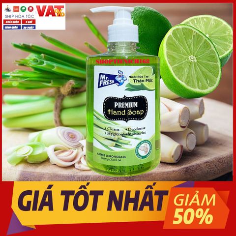 Nước Rửa Tay Khử Mùi Diệt Khuẩn Mr.Fresh 500ml - Hương Xả Chanh Mát Lạnh, Bảo Vệ Tay Khỏi Vi Khuẩn, Dưỡng Da Mềm Mại