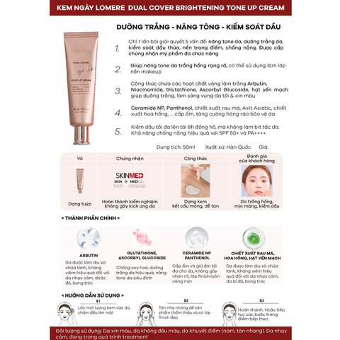 Kem Chống Nắng Lomere Dual Cover Brightening Tone-UP SPF50+ PA+++ 50ml - Bảo Vệ Da, Làm Sáng, Tăng Cường Độ Ẩm