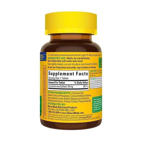 Viên bổ sung sắt Nature Made Iron 65mg - Cải thiện sức khỏe, bổ máu, 365 viên, thương hiệu Mỹ, hỗ trợ năng lượng và miễn dịch