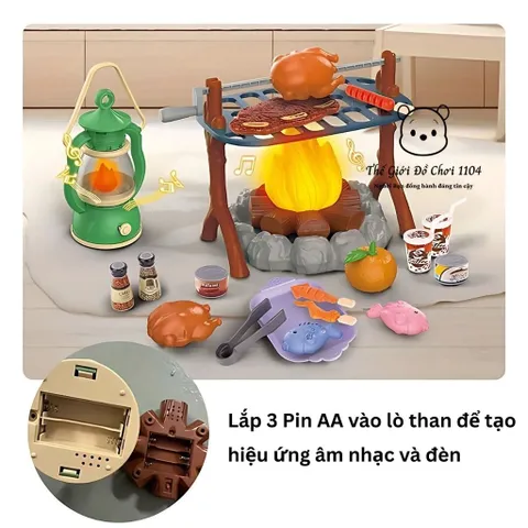 Đồ chơi cắm trại giả lập cho bé 40 chi tiết, có đèn và nhạc, bộ đồ nướng BBQ cho trẻ