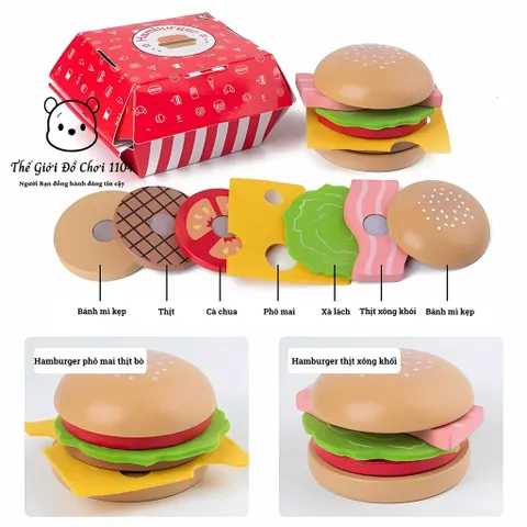 Bộ đồ chơi hamburger bằng gỗ cao cấp mô phỏng thức ăn nhanh, dành cho bé 3 tuổi trở lên
