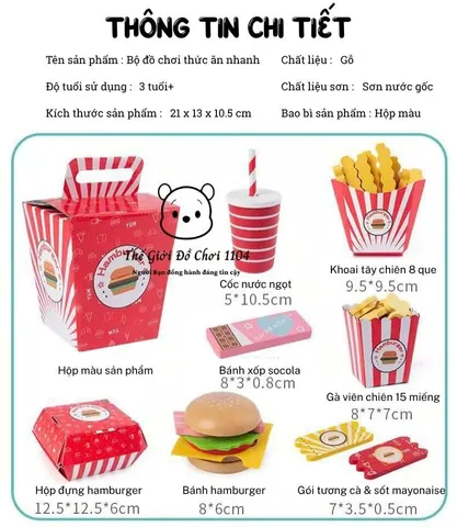 Bộ đồ chơi hamburger bằng gỗ cao cấp mô phỏng thức ăn nhanh, dành cho bé 3 tuổi trở lên