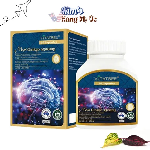 Viên uống hỗ trợ tuần hoàn não Vitatree Maxi Ginkgo 9500mg - 60 viên nang cứng cho trí nhớ và sự tập trung tốt hơn
