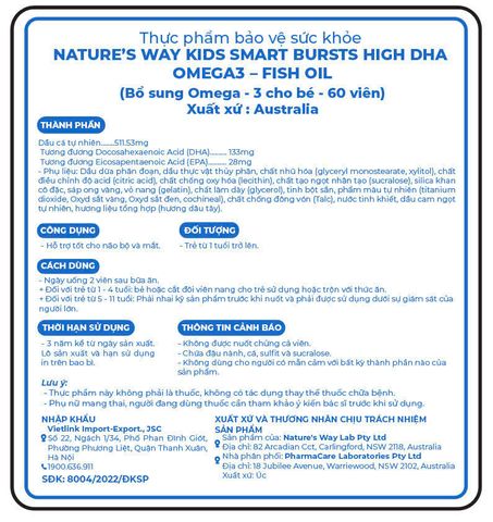Viên uống Nature’s Way Kids Smart Bursts DHA Omega-3 hỗ trợ phát triển não bộ và tăng cường sức khỏe mắt cho trẻ em (60 viên)