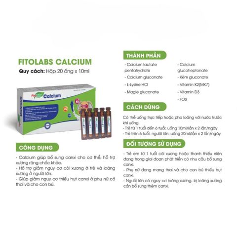 Fitolabs Ống Uống Canxi và Vitamin K2 - Hỗ Trợ Xương Răng Chắc Khỏe Cho Trẻ và Người Lớn - Hộp 20 ống 10ml
