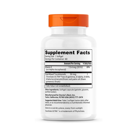 Viên Uống Vitamin E Tocotrienols Doctor's Best - Hỗ Trợ Ngăn Ngừa Lão Hoá, Làm Đẹp Da - Hộp 60 Viên Nang Mềm Mỹ