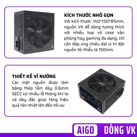 Nguồn Máy Tính Aigo VK350 VK450 VK550 - Công Suất Thực 350W/450W/550W - Bảo Vệ Toàn Diện, Thiết Kế Tối Ưu, Quạt Làm Mát Hiệu Quả