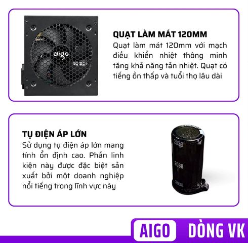 Nguồn Máy Tính Aigo VK350 VK450 VK550 - Công Suất Thực 350W/450W/550W - Bảo Vệ Toàn Diện, Thiết Kế Tối Ưu, Quạt Làm Mát Hiệu Quả