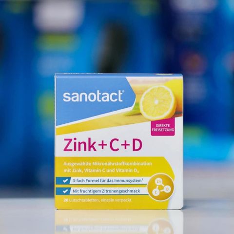 Viên ngậm bổ sung kẽm, vitamin C & D Sanotact - Hỗ trợ miễn dịch, hương vị chanh tươi - 20 viên ngậm tiện lợi từ Đức