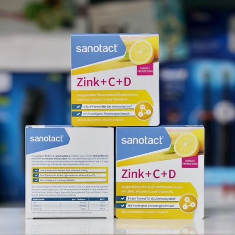 Viên ngậm bổ sung kẽm, vitamin C & D Sanotact - Hỗ trợ miễn dịch, hương vị chanh tươi - 20 viên ngậm tiện lợi từ Đức