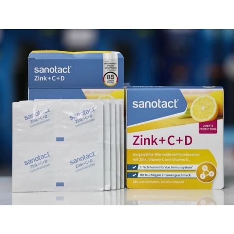 Viên ngậm bổ sung kẽm, vitamin C & D Sanotact - Hỗ trợ miễn dịch, hương vị chanh tươi - 20 viên ngậm tiện lợi từ Đức