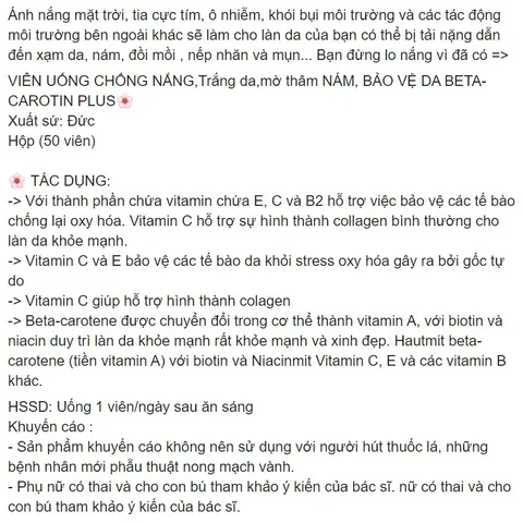 [TUOI SHOP] Viên Uống Chống Nắng,Trắng Da, Mờ Thâm Nám, Bảo Vệ Da BETA-CAROTIN PLUS