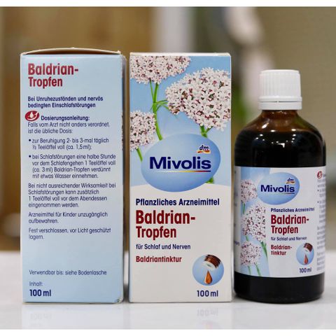 Tinh chất hoa Chi Nữ Lang hỗ trợ ngủ ngon và điểu hoà huyết áp Baldrian Tropfen Mivolis 100ml.
