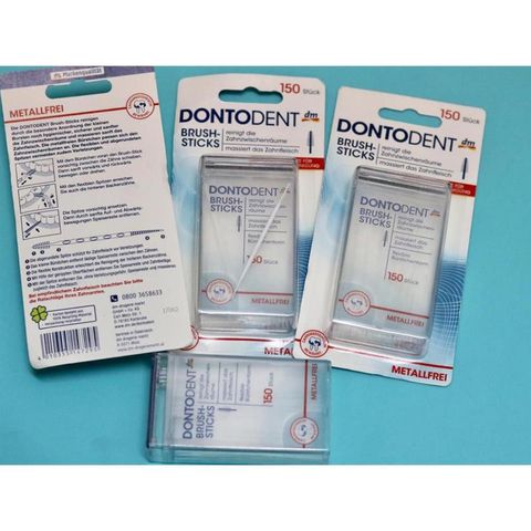 Tăm que nhựa làm sạch kẽ răng Dontodent Brush-Sticks - Hộp 150 que, an toàn và nhẹ nhàng cho sức khỏe răng miệng.