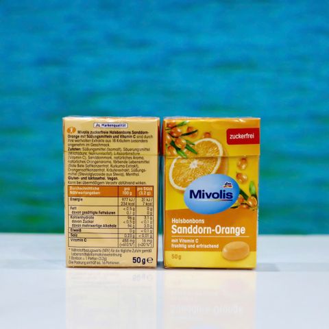 Kẹo Ngậm Ho Mivolis Vị Quả Hắc Mai Biển & Cam Không Đường - Hộp 50g Thơm Ngon, Dễ Dùng, Phù Hợp Người Kiểm Soát Đường