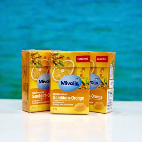 Kẹo Ngậm Ho Mivolis Vị Quả Hắc Mai Biển & Cam Không Đường - Hộp 50g Thơm Ngon, Dễ Dùng, Phù Hợp Người Kiểm Soát Đường