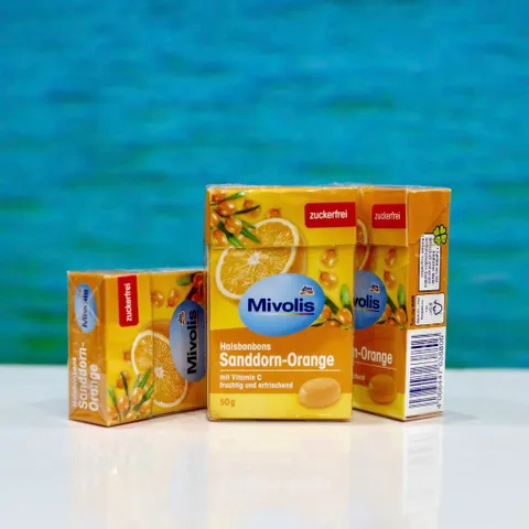 Kẹo Ngậm Ho Mivolis Vị Quả Hắc Mai Biển & Cam Không Đường - Hộp 50g Thơm Ngon, Dễ Dùng, Phù Hợp Người Kiểm Soát Đường