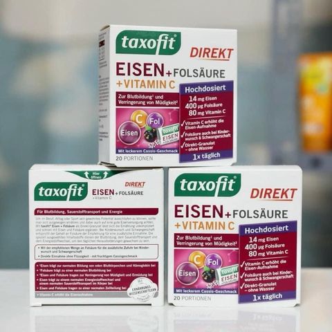 TAXOFIT EISEN FOLSAURE VITAMIN C: Hộp 20 gói bột, sử dụng rất dễ và tiện lợi lại hiệu quả nhanh
