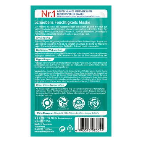 Mặt Nạ Dưỡng Ẩm Schaebens - Mặt Nạ Cung Cấp Nước Từ Lô Hội, Bơ, Dưa Leo - Giúp Da Mịn Màng, Trẻ Trung, Xuất Xứ Đức