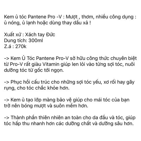 Kem ủ tóc Pantene Pro -V: Mượt , thơm, nhiều công dụng: ủ nóng, ủ lạnh hoặc dùng thay dầu xả