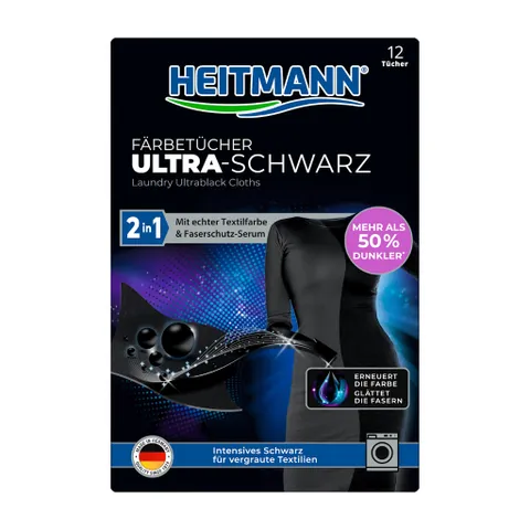 Giấy nhuộm đen quần áo 2in1 Heitmann Färbetücher Ultra Schwarz – Giữ màu & làm mới vải tối