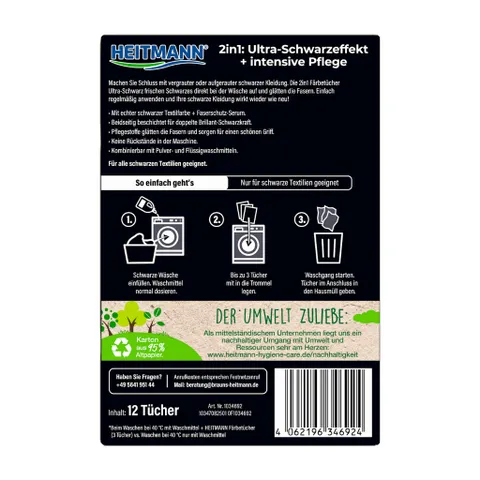 Giấy nhuộm đen quần áo 2in1 Heitmann Färbetücher Ultra Schwarz – Giữ màu & làm mới vải tối