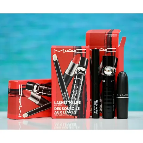 Bộ Trang Điểm MAC 3 Sản Phẩm: Son Thỏi Matte Đỏ Tươi, Mascara Đen Dày, Son Dưỡng Cute - Quà Tặng Làm Đẹp Thời Thượng