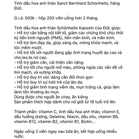 Tinh dầu hoa anh thảo Sanct Bernhard Schonheits, hàng Đức. Hộp 200 viên