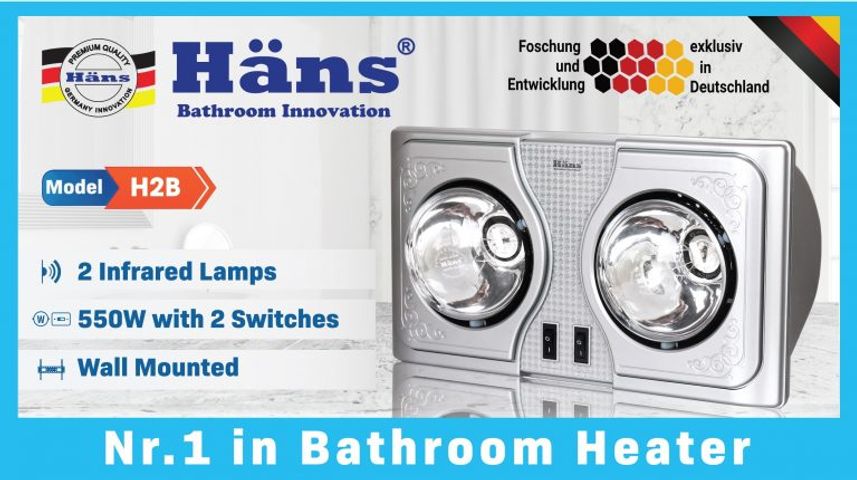 Đèn Sưởi Nhà Tắm Treo Tường Hans H2B 2 Bóng Hồng Ngoại - Công Suất 550W, Bảng Điều Khiển Tiện Lợi, Phù Hợp 2-4m2