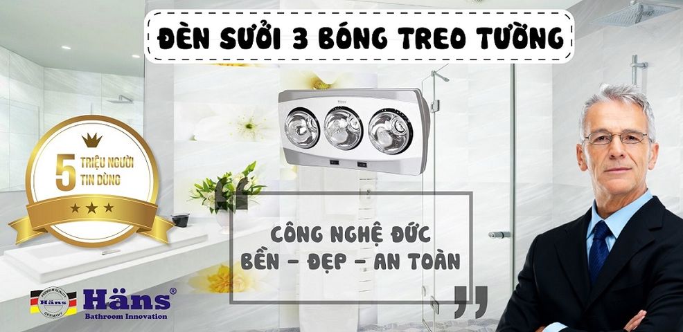 Đèn Sưởi 3 Bóng Treo Tường Hans H3B - Đèn Sưởi Nhà Tắm Hồng Ngoại Công Suất 825W, Điều Khiển Độc Lập, Bóng Thủy Tinh Chịu Nhiệt