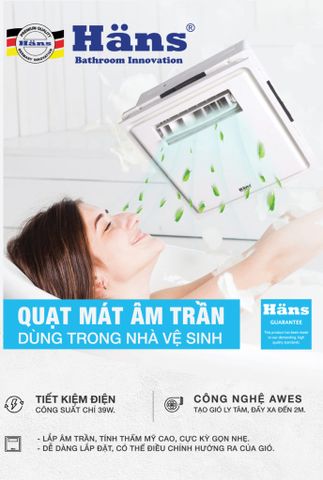 Quạt Mát Âm Trần Hans H10S - Thiết Kế Độc Đáo, Công Nghệ AWES, Tiết Kiệm Điện, Lắp Đặt Dễ Dàng, Phù Hợp Trần Thạch Cao 30x30cm