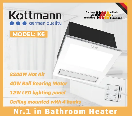 Quạt Sưởi Âm Trần Kottmann K6 5 Trong 1 - Sưởi Ấm, Sấy Khô, Thổi Gió Mát, Thông Gió Hút Mùi, Đèn LED Chiếu Sáng