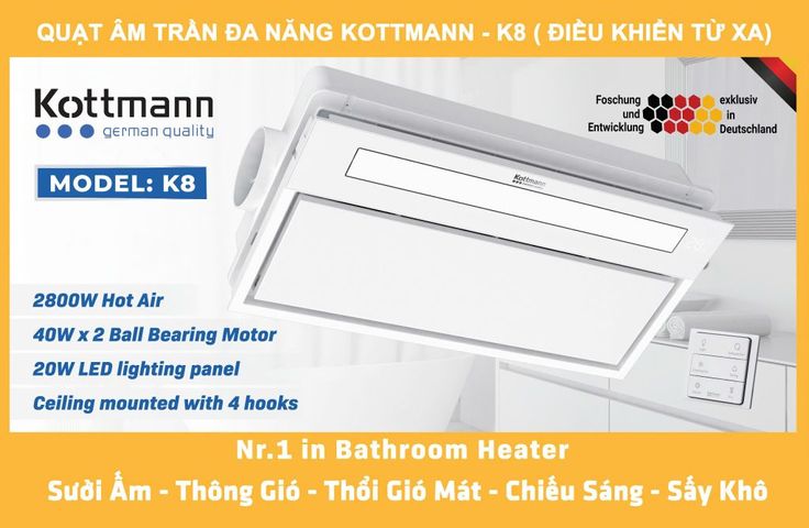 Quạt Sưởi Âm Trần Đa Năng Kottmann K8 - 2900W, Gió Mát, Đèn LED Panel - Thiết Bị Sưởi Tiết Kiệm Năng Lượng