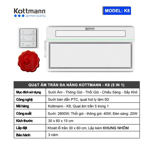 Quạt Sưởi Âm Trần Đa Năng Kottmann K8 - 2900W, Gió Mát, Đèn LED Panel - Thiết Bị Sưởi Tiết Kiệm Năng Lượng