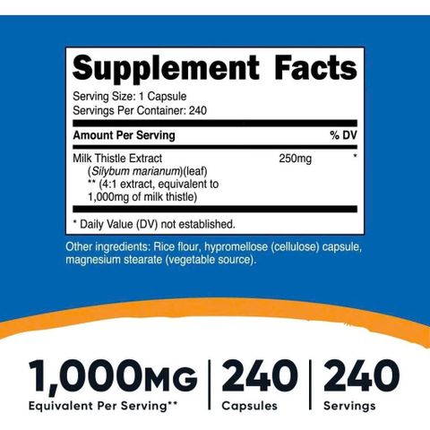 Nutricost Sữa Bạch Anh 1000mg - Giải Độc Gan, Hỗ Trợ Chức Năng Gan Hiệu Quả, Thực Phẩm Bổ Sung Sức Khỏe Gan 240 Viên