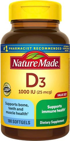 Viên uống Vitamin D3 Nature Made 25 mcg (1000 IU) - Bổ sung 180 viên cho sức khỏe xương và hệ miễn dịch - Sản phẩm từ Mỹ