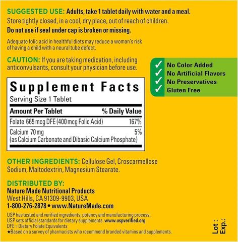 Viên Uống Hỗ Trợ Bổ Tim Mạch Nature Made Folic Acid 400 mcg - 250 Viên, Tăng Cường Sức Khỏe Tim Mạch, Sản Phẩm Chất Lượng Mỹ