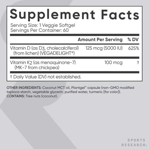 Viên Uống Bổ Sung Vitamin D3 + K2 Sport Research 125mg D3 + 100mg K2 - Hỗ Trợ Sức Khỏe Xương Khớp, Tăng Cường Miễn Dịch 160 Viên Mỹ
