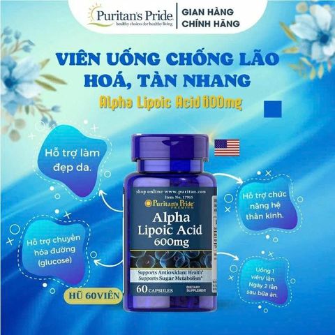 Viên bổ sung Alpha Lipoic Acid 600 mg Puritan's Pride - Hỗ trợ làm đẹp và sức khỏe, 60 viên tiện lợi từ Mỹ