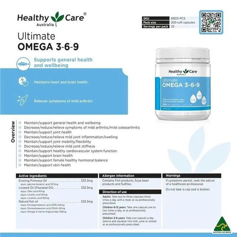 Viên uống bổ sung Omega 3-6-9 Healthy Care - 200 viên nang mềm hỗ trợ sức khỏe tim mạch và não bộ, nhập khẩu Úc