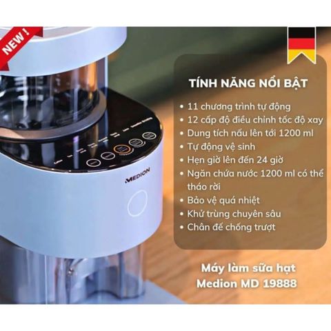 Máy Làm Sữa Hạt Medion MD19888 - Đa Năng 11 Chế Độ, Tự Vệ Sinh, Nhập Khẩu Đức - Nấu Sữa Hạt, Súp, Sinh Tố An Toàn