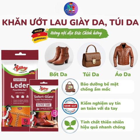 Khăn Ướt Dưỡng Bóng Giày Da POLIBOY Đức - Sáng Bóng Nhanh, Chống Ố Mốc, Bảo Vệ Da Tự Nhiên, Tiện Lợi Dùng Mọi Lúc