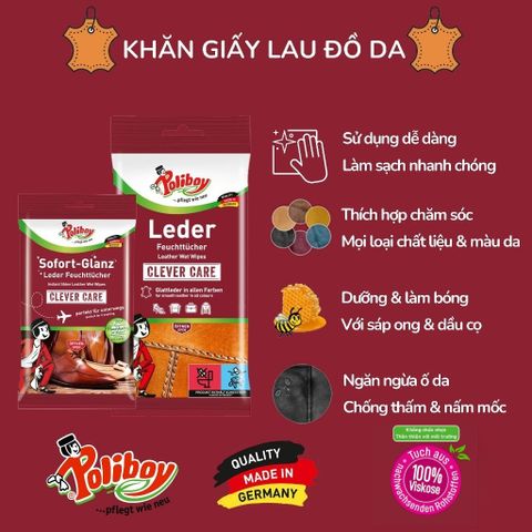 Khăn Ướt Dưỡng Bóng Giày Da POLIBOY Đức - Sáng Bóng Nhanh, Chống Ố Mốc, Bảo Vệ Da Tự Nhiên, Tiện Lợi Dùng Mọi Lúc